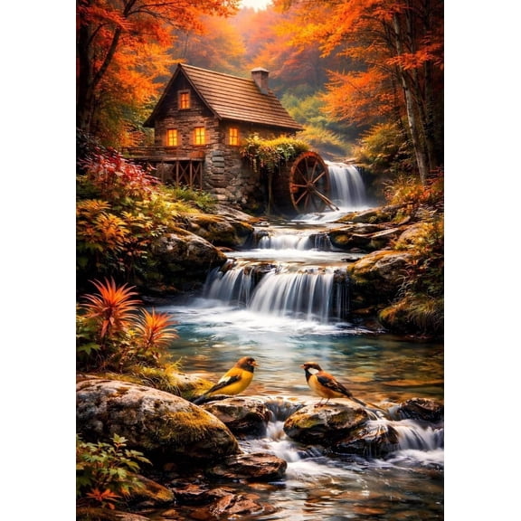 Autumn Watermill Wall Art Print, Rustic Cottage Decor