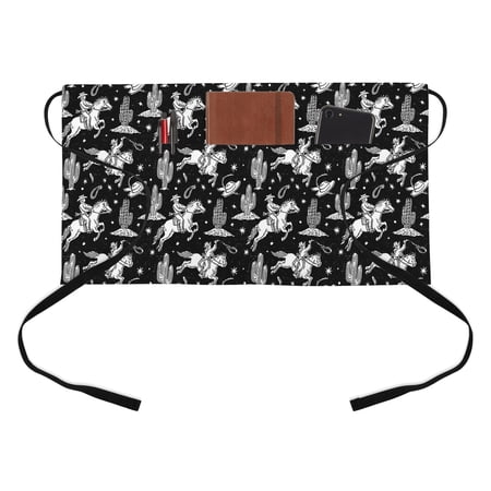 Black White Western Cowboy Kitchen Restaurant Half Waist Apron, Vintage Cactus Cowboy Hat Horse Star Server Short Apron with 3 Pockets Waterproof Oil Waist Aprons for Women Waitress Waiter