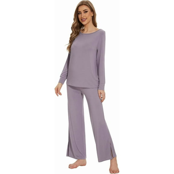 WiWi Long Sleeve Pajamas for Women Bamboo Viscose Lounge Sets Loungewear with Side Slit Pants Soft Pjs Set S-XXL, Violet, Small