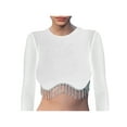thumbnail image 2 of Arvbitana Women Contrast Color Rhinestone Fringe Trim Pullover Long Sleeve Round Neck Ribbed Crop Tops Spring Fall Casual Slim Fit Expose Navel Blouses Lightweight Shirt, 2 of 9