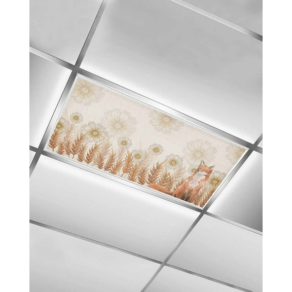 Fluorescent Light Covers for Ceiling Lights 1 Pack, Wheat Fall Magnetic Ceiling Light Covers 2x4ft for Classroom Office School, Watercolor Fox Daisy Botanical Rustic Overhead Drop Ceiling Light Shade