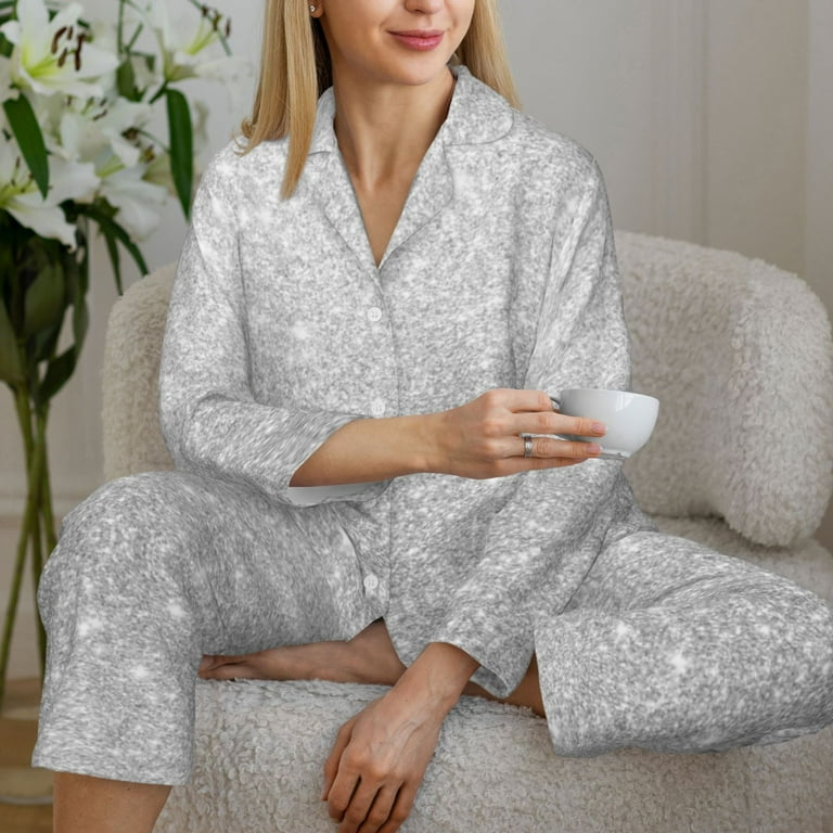 2 Piece Womens Pajama Sets Silver Glitter Soft Sleepwear Comfy Pajamas Ladies Pj Lounge Sets with Pockets Long Sleeve Button Shirt and Pajama Pants Pjs Sets for Women Walmart