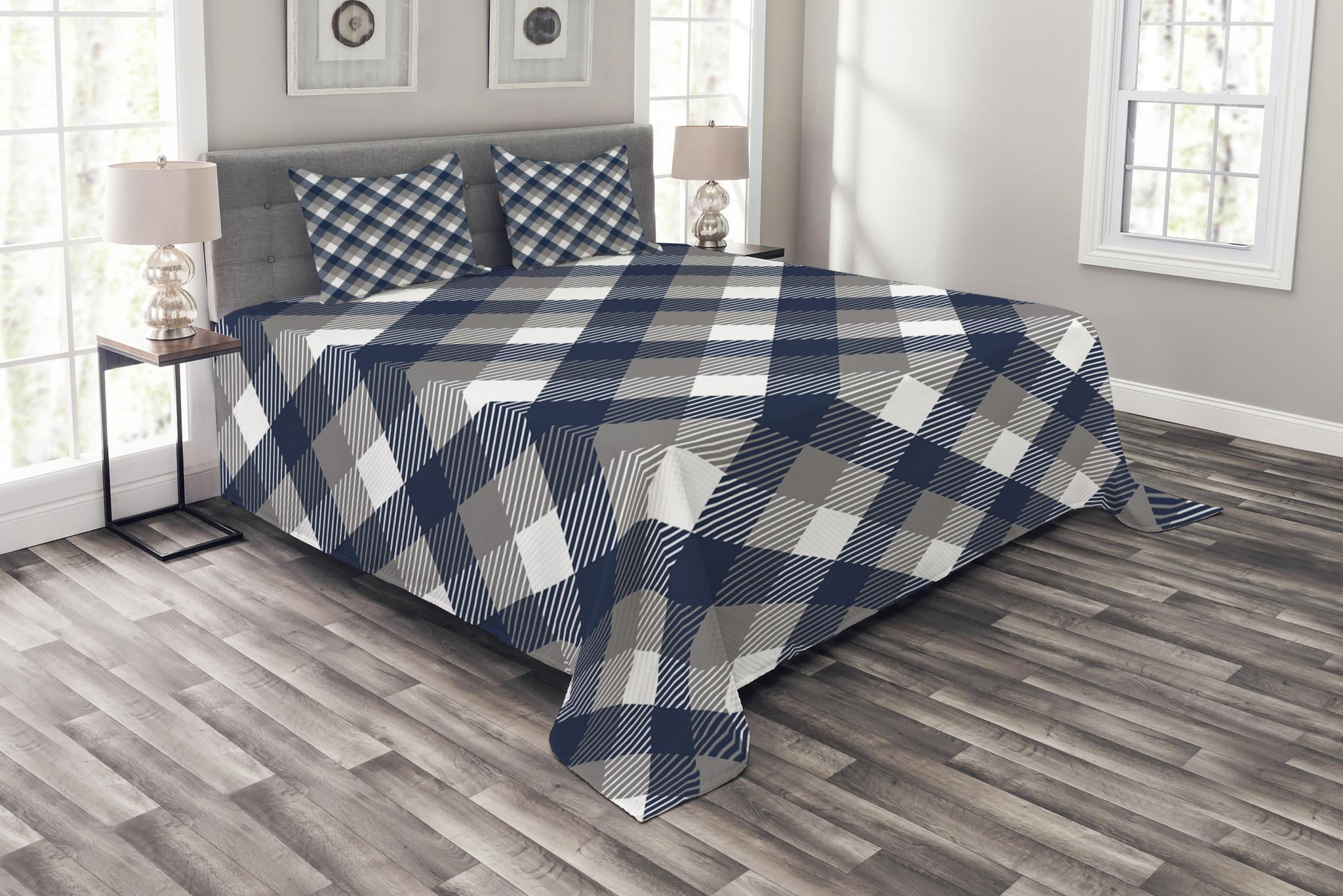 Navy Bedspread Set Queen Size, Abstract Checkered Tartan Geometric