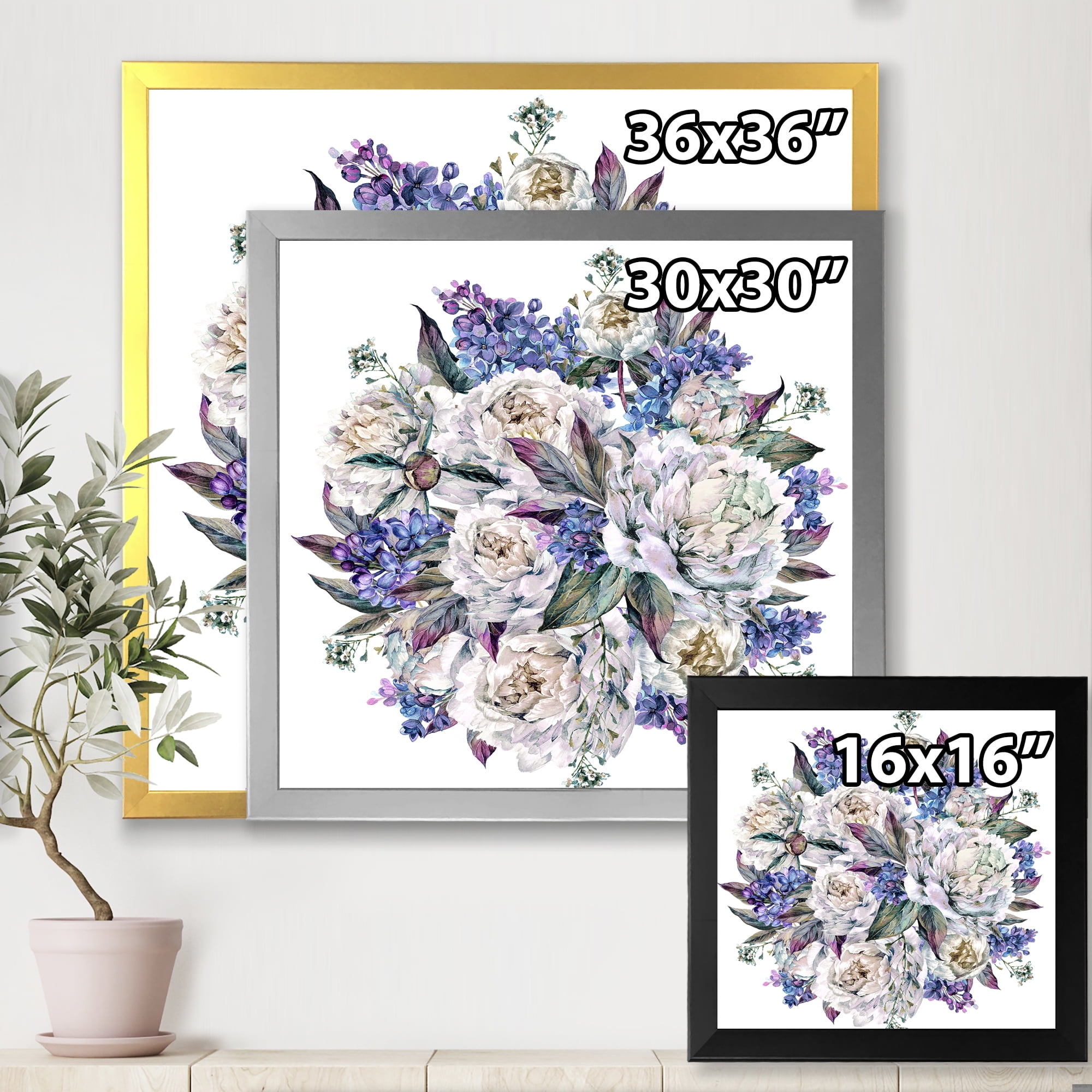 Designart 'Bouquet Peonies In Blue and White' Traditional Framed Art Print