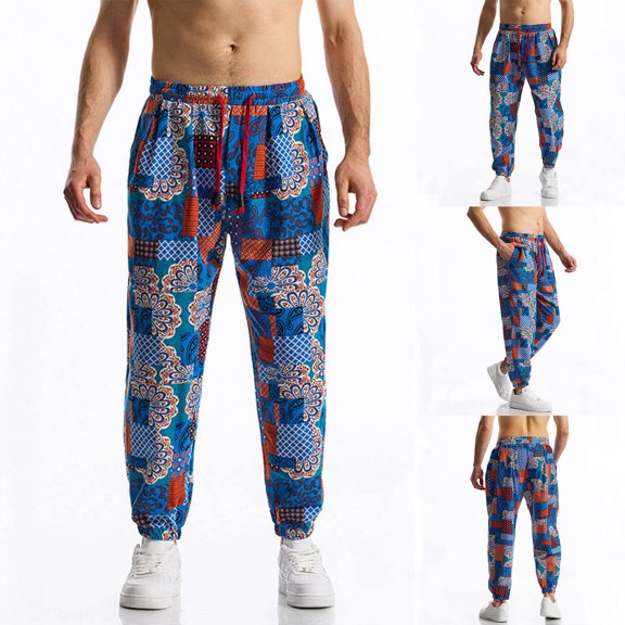 Elvqul Outdoor Joggers with Pockets for Men Jooger Atheletic Pants Elastic Waist Printed Drawstring Mens Pants Relaxed Fit
