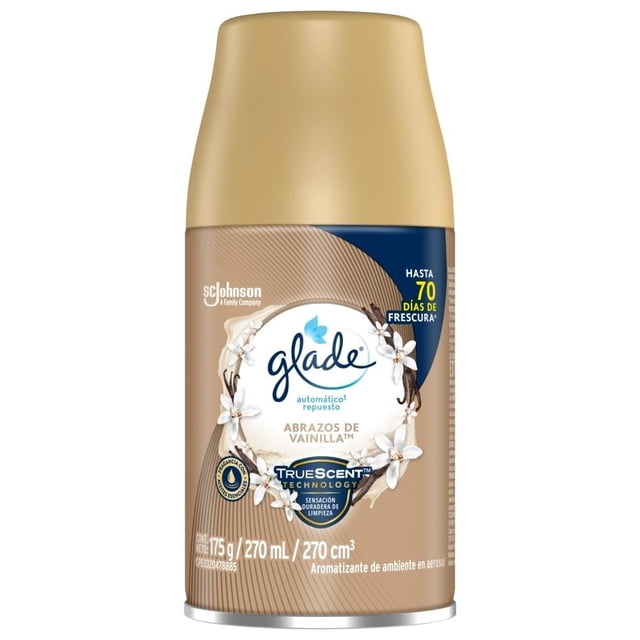 Repuesto de aromatizante ambiental Glade automático abrazos de vainilla 175 g en aerosol con tecnología TrueScent que ofrece hasta 70 días de frescura, útil para limpieza y cuidado del hogar en múltiples superficies, también adecuado para mantener ambientes agradables en oficinas o autos.