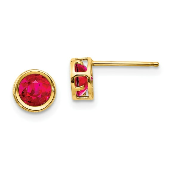 14K Yellow Gold Earring Birthstone (07) July Women'S Ruby Round Red 5 mm