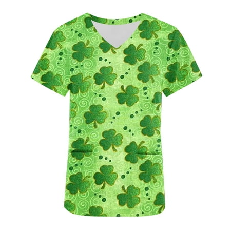 

Taqqpue St Patricks Scrub Tops for Women Plus Size Green Shamrock Clover Print V-Neck Short Sleeve Nursing Working Uniforms St Patricks Day Shirt Blouse Workout Tops Workwear with Pockets on Clearance