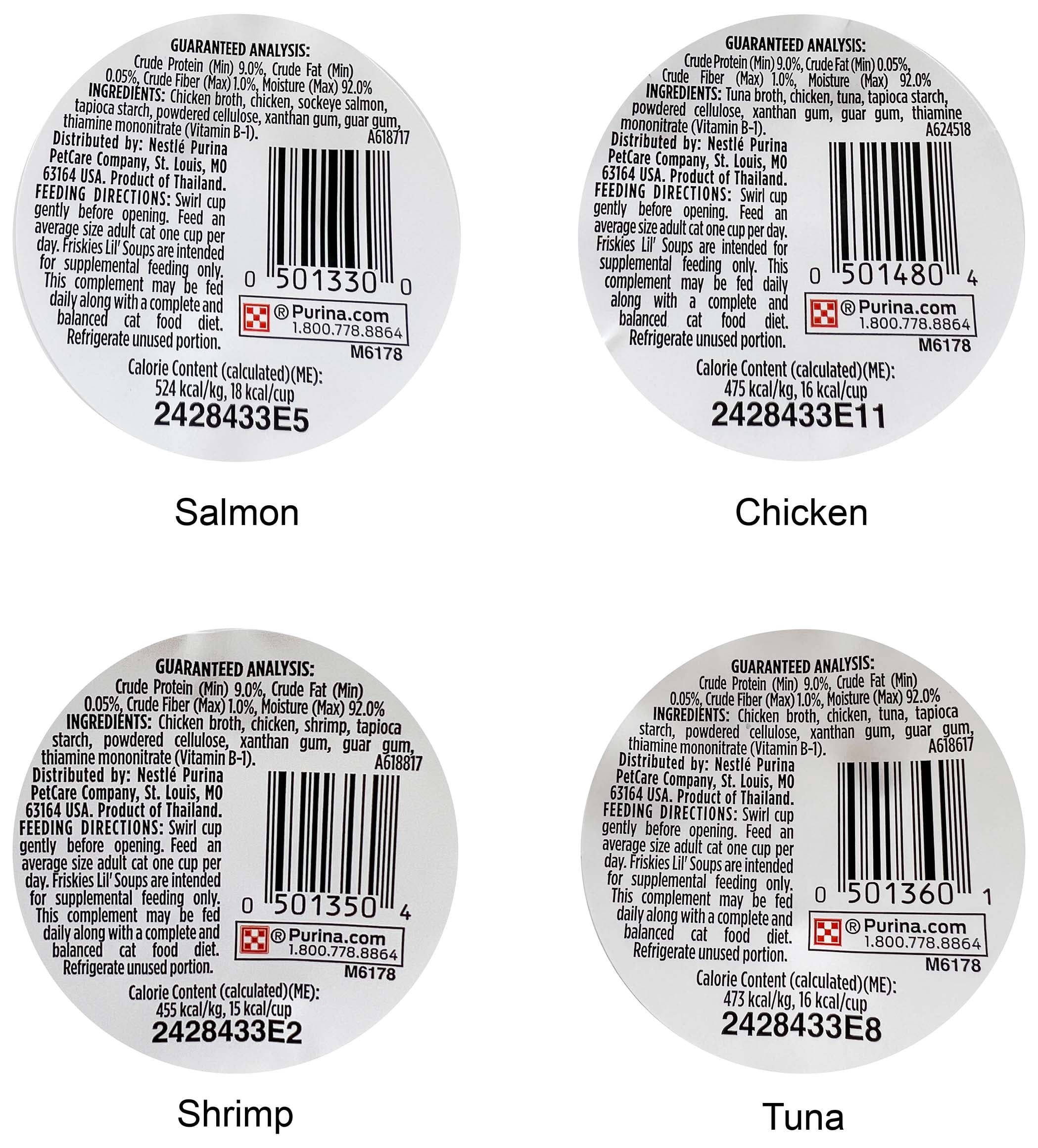 Friskies Lil Soups Adult Cat Food Topper Variety - 4 flavors - 2 each: Salmon, Chicken, Tuna, Shrimp (1.2 oz.) + MerlinsMart Zine | Catnip Toy