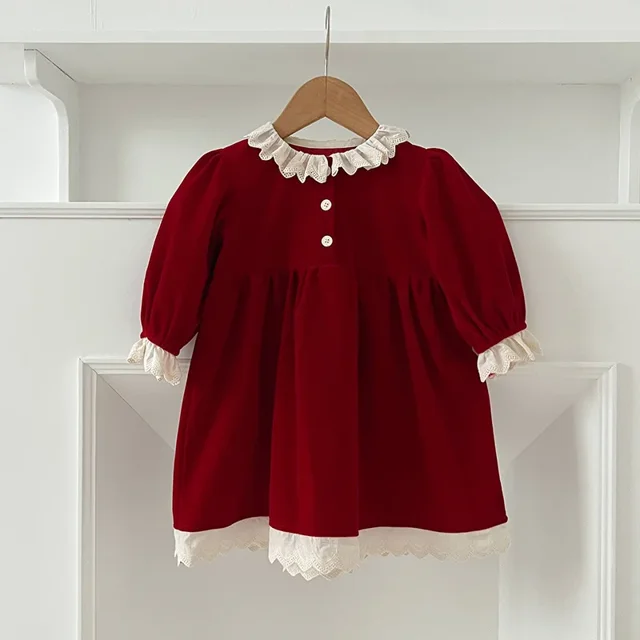 Spring New Sisters Clothing Baby Girls Lace Ruffled Neck Bodysuit Red Girls' Lace Puff Sleeve Princess Dress New Years' Clothes