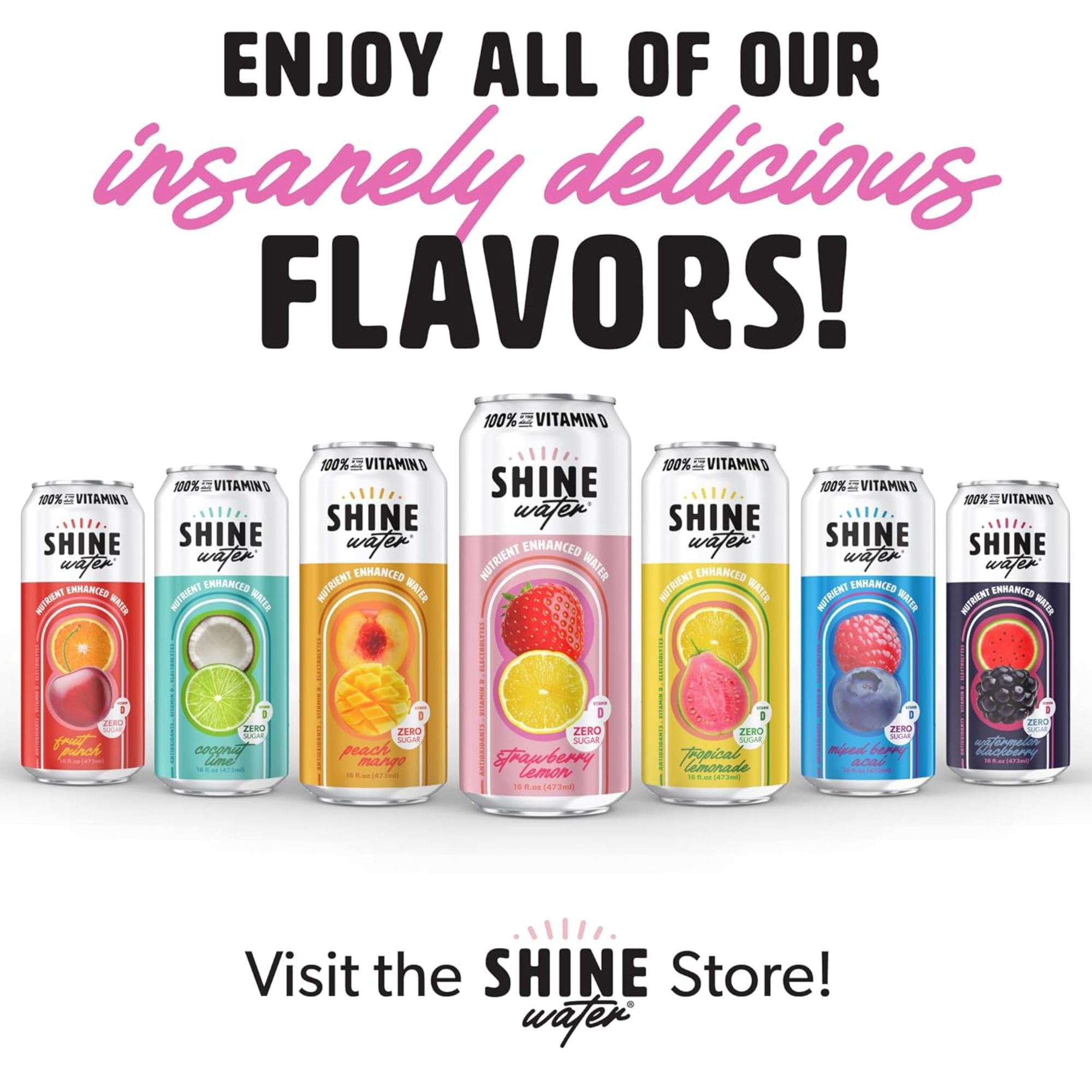 Shine Water Strawberry Lemon Vitamin D Electrolyte Drinks 12-Pack, Sugar Free Flavored Water with Magnesium, Zinc & Antioxidants, Low Calorie Hydration