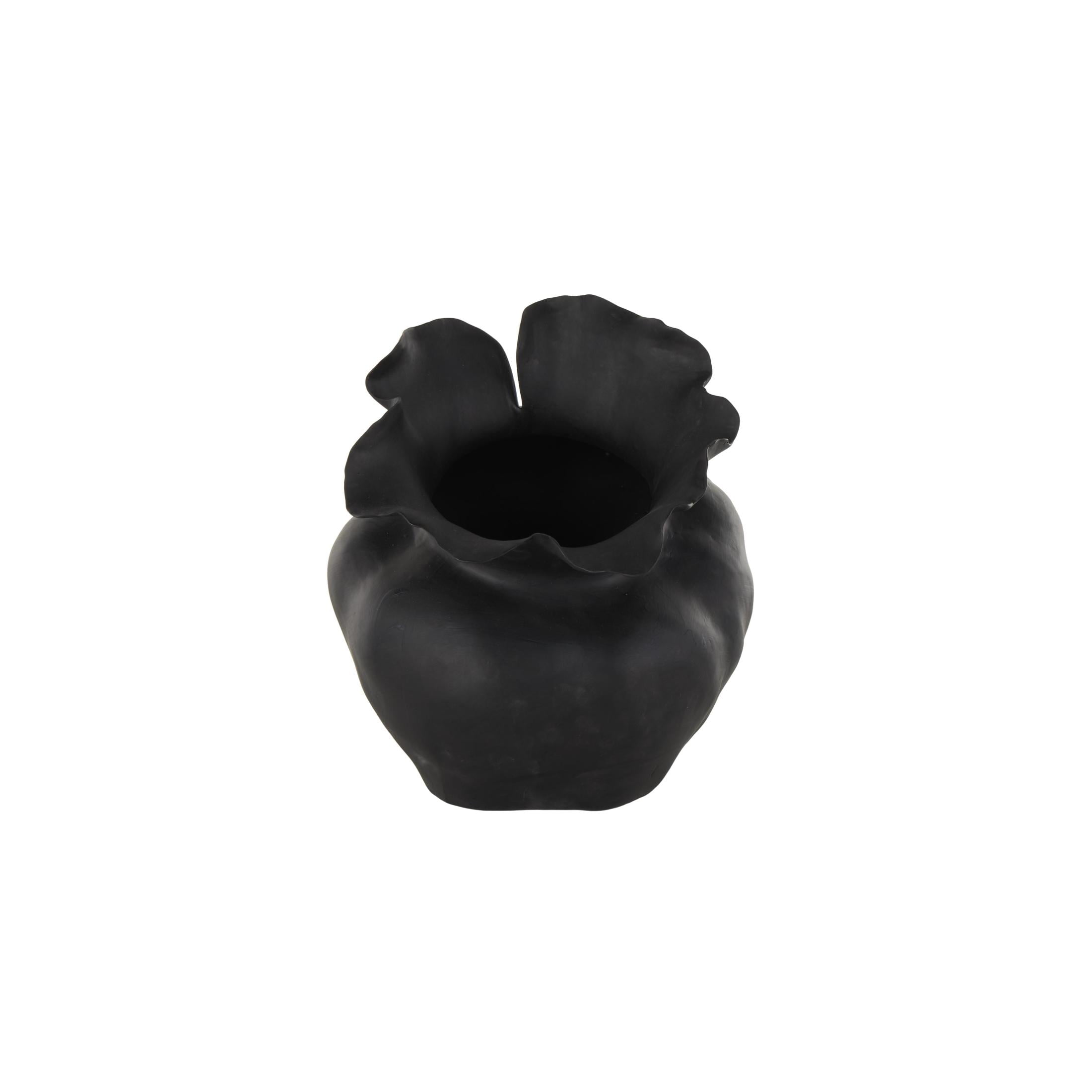 DecMode 13" Abstract Wide Rounded Floral Shaped Black Ceramic Vase with Petal Rim