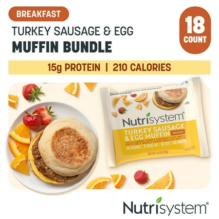 Nutrisystem Turkey Sausage & Egg Muffin Frozen Packaged Breakfast Sandwiches, Weight Loss, 18 Count
