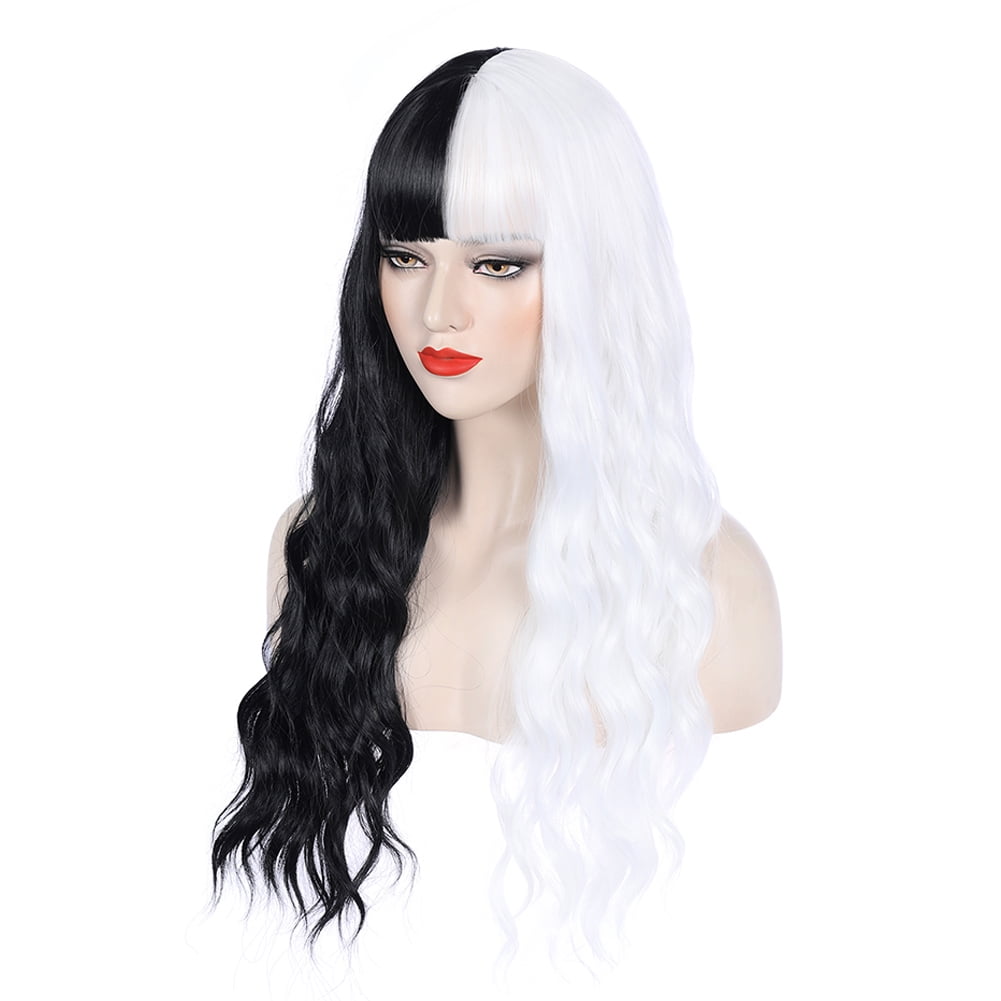 RightOn 27" Black and White Wig Long Curly Wig with Bangs Black and White Wig Two Tone Wig Women Girls Synthetic Wig with Wig Cap