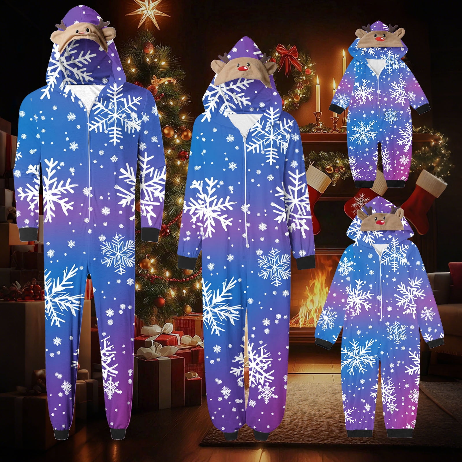 jsaierl Matching Family Christmas Pajamas Set Hoodie Onesies Reindeer Jumpsuit Romper Holiday Pjs One Piece Hooded Sleepwear