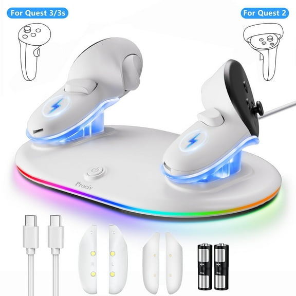 Charging Dock for Meta Quest 3S/Quest 3/Quest 2 Controller, Oculus Quest 3 Magnetic Wireless Charging Station for Grip Controller with 2 Rechargeable Batteries & USB-C Cable White