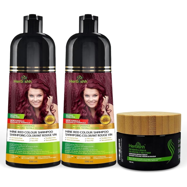 Combo Pack - Herbishh Hair Color Shampoo for Gray Hair + Argan Intense Hair Mask - Hair Dye Colors in Minutes - Long-lasting - 500 Ml - Stimulates Dry, Frizzy Hair (Wine Red)