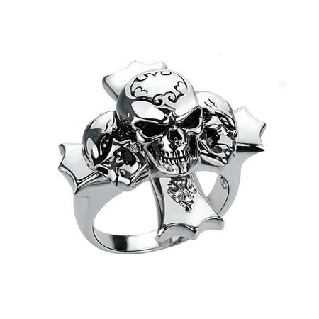 Sterling Silver Cross Ring with Three Skulls