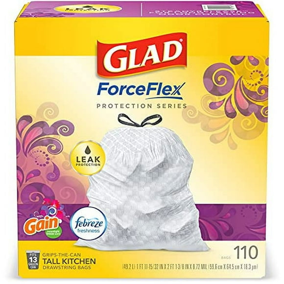 Glad Trash & Food Storage ForceFlex Protection Series Tall Trash Bags, 13 Gal, Gain Moonlight Breeze with Febreze, 110 Ct (Package May Vary)