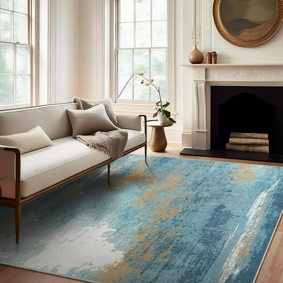 Area Vintage Boho Rugs for Living Room, Machine Washable Area Rugs with Non-Slip Backing, Indoor Rug Vintage Bohemian Area Rug Home Decor, Room Decor, 5 x 7 ft, Blue, 1 Pack