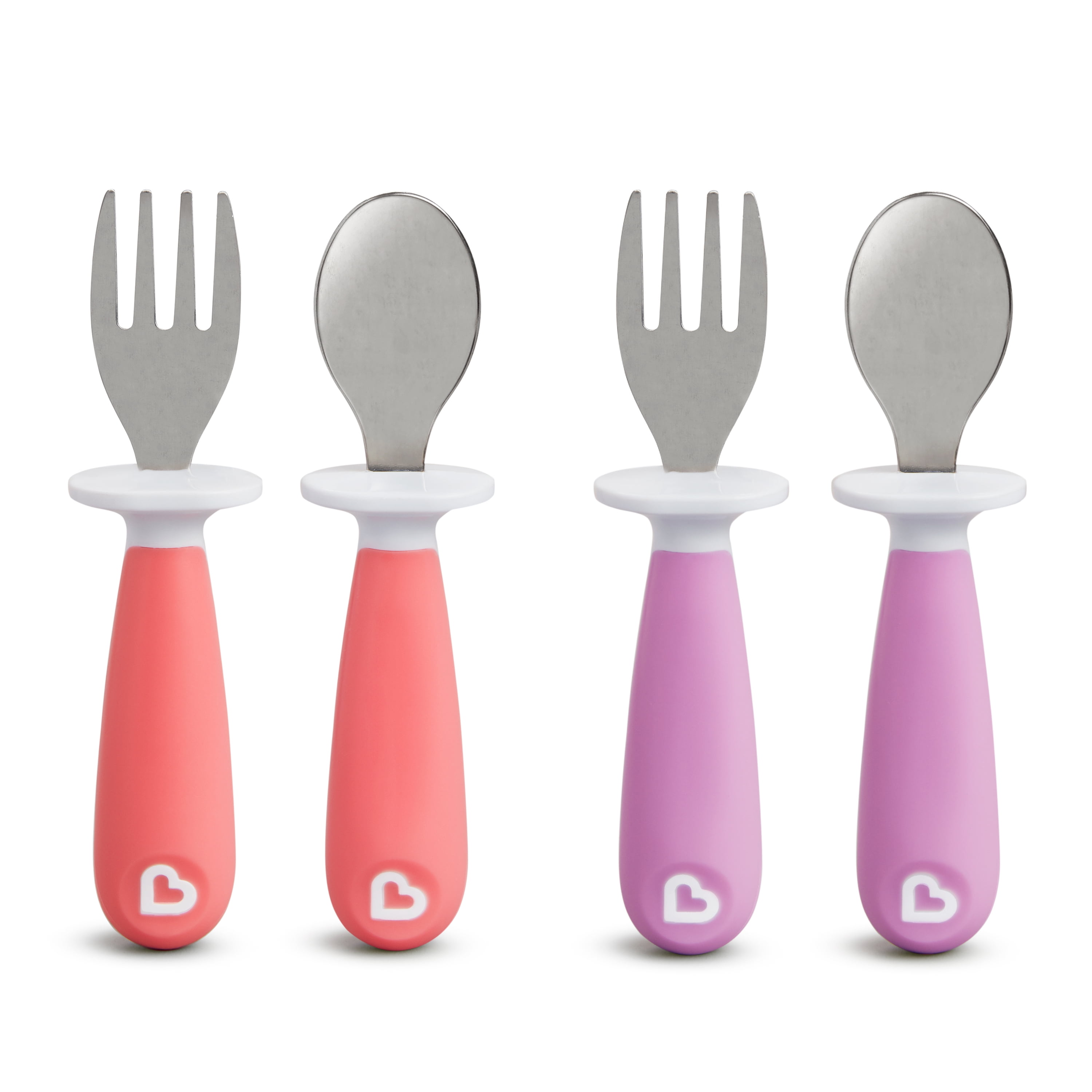 (3 pack) Munchkin® Raise Toddler Fork and Spoon, Pink/Purple, 12+ months, 4 Pack