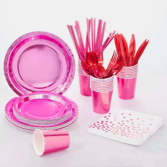 ERDOUY 24-Set Dark Pink Elegant Laser Disposable Plastic Flatware & Dishware Set, All-in-One Party Supplies for Birthdays & Gatherings, Serves 24 Guests