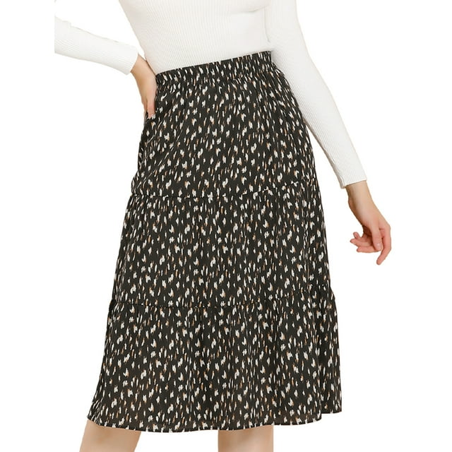 Unique Bargains Jupe Midi Décontractée à Imprimé Floral Évasée pour Femme, Noir, P