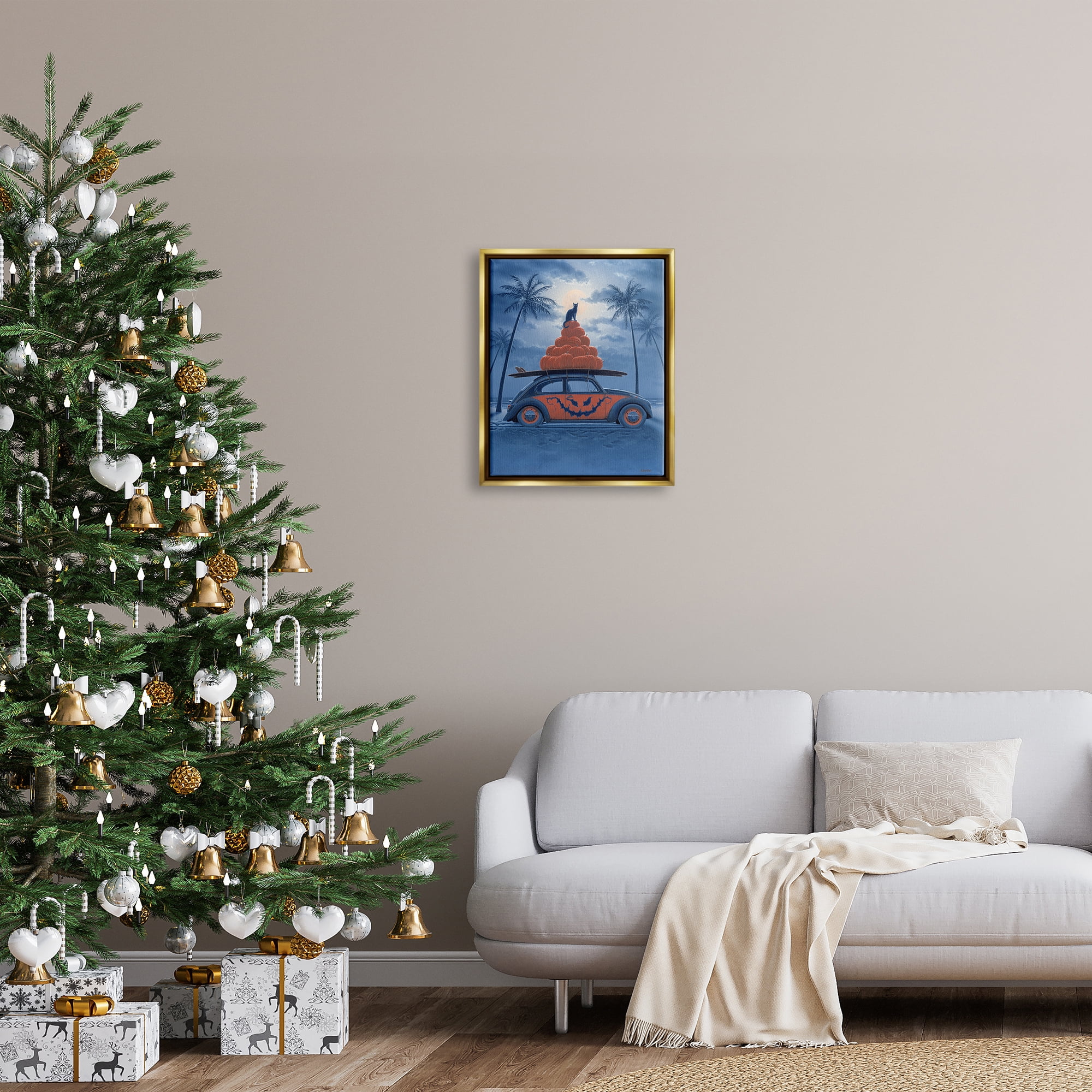 Stupell Industries Spooky Tropical Beach Pumpkin Car Holiday Painting Gold Floater Framed Art Print Wall Art