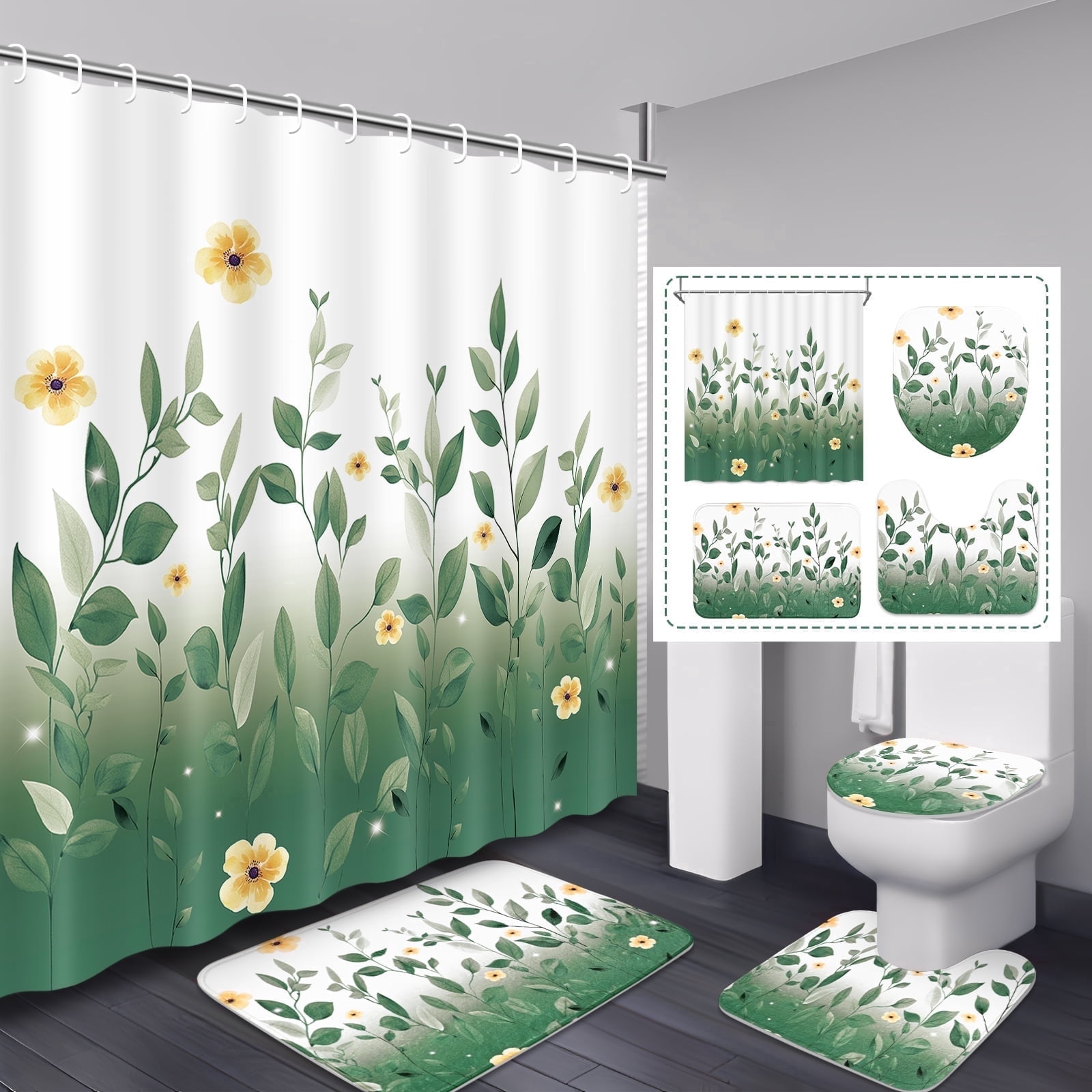 FRAMICS 16-Piece Ombre Floral Shower Curtain Sets with Rugs, Sage Green Eucalyptus Leaves Bathroom Sets, Waterproof Fabric Bathroom Curtain Decor with Hooks