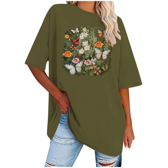 Fridja BUTTERFLIES IN MY STOMACH Women Casual T-shirt Butterfly Printed Short Sleeve Pullover Round Neck T-shirt Tops