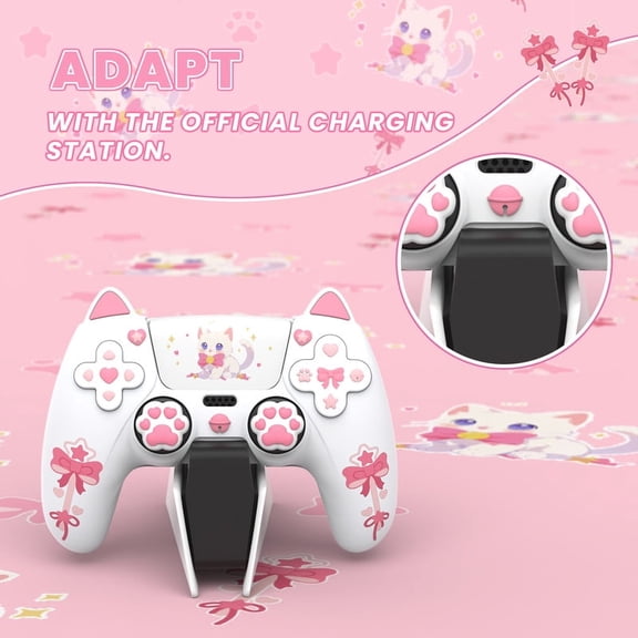 PlayVital Sweetheart Kitty Silicone Cover for ps5 Controller with 6 Joystick Caps and 6 Sticker, Soft Anti-Slip Full Protection Grip Skin Compatible with ps5 Charging Dock - White
