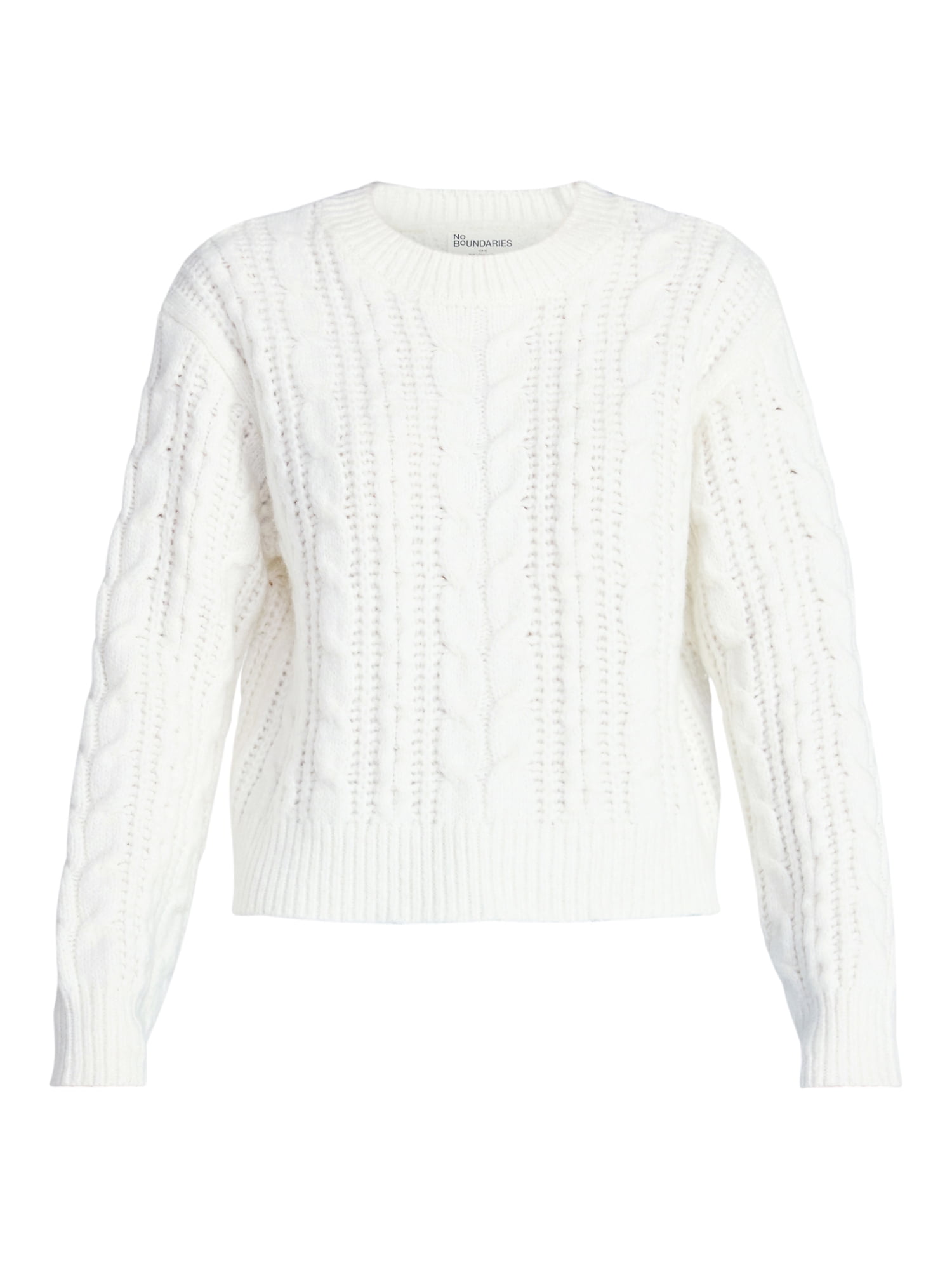 No Boundaries Cable Crewneck Drop Shoulder Sweater, Midweight, Women's XXS-XXL