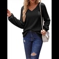 thumbnail image 1 of Blusa de Larga con Cuello en V para Mujer, Estilo Farol, Elegante, Informal, de Punto Acanalado, Corte Holgado, Otoño 2025 Negro L, 1 of 8
