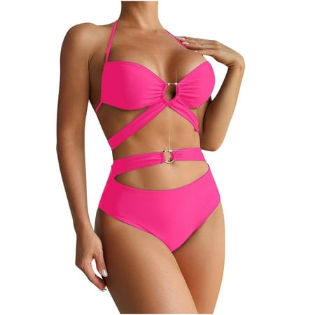 UTSJKR High Waisted Bikini Sets for Women Sexy Halter Ring Linked 2 Piece Bathing Suits Cheeky Triangle Bikini Swimsuit 2025 Hot Pink L