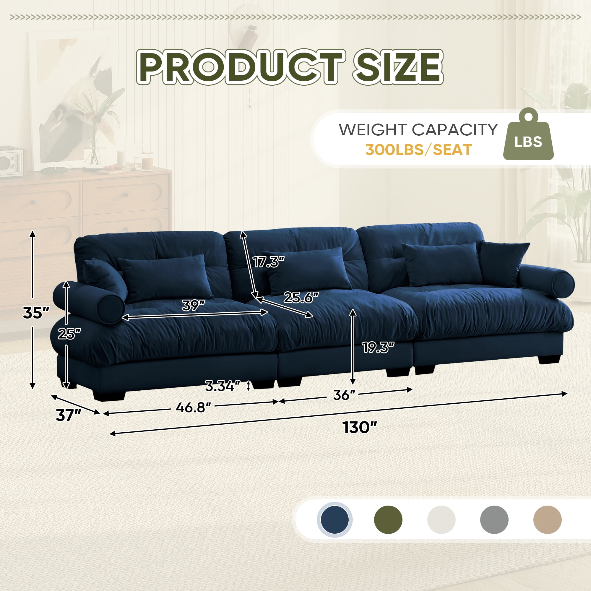 FFH 130" Modular Sectional Sofa, Oversized Modern 3 Seater Sofa Set, Tufted Cloud Couches for Living Room (Velvet Dark Blue, 3 Seater)