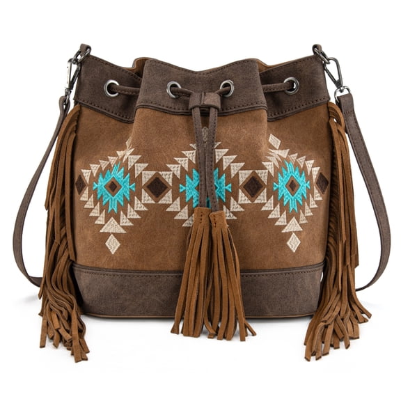 Montana West Aztec Bucket Bags for Women Western Fringe Crossbody Bag Vintage Drawstring, Brown