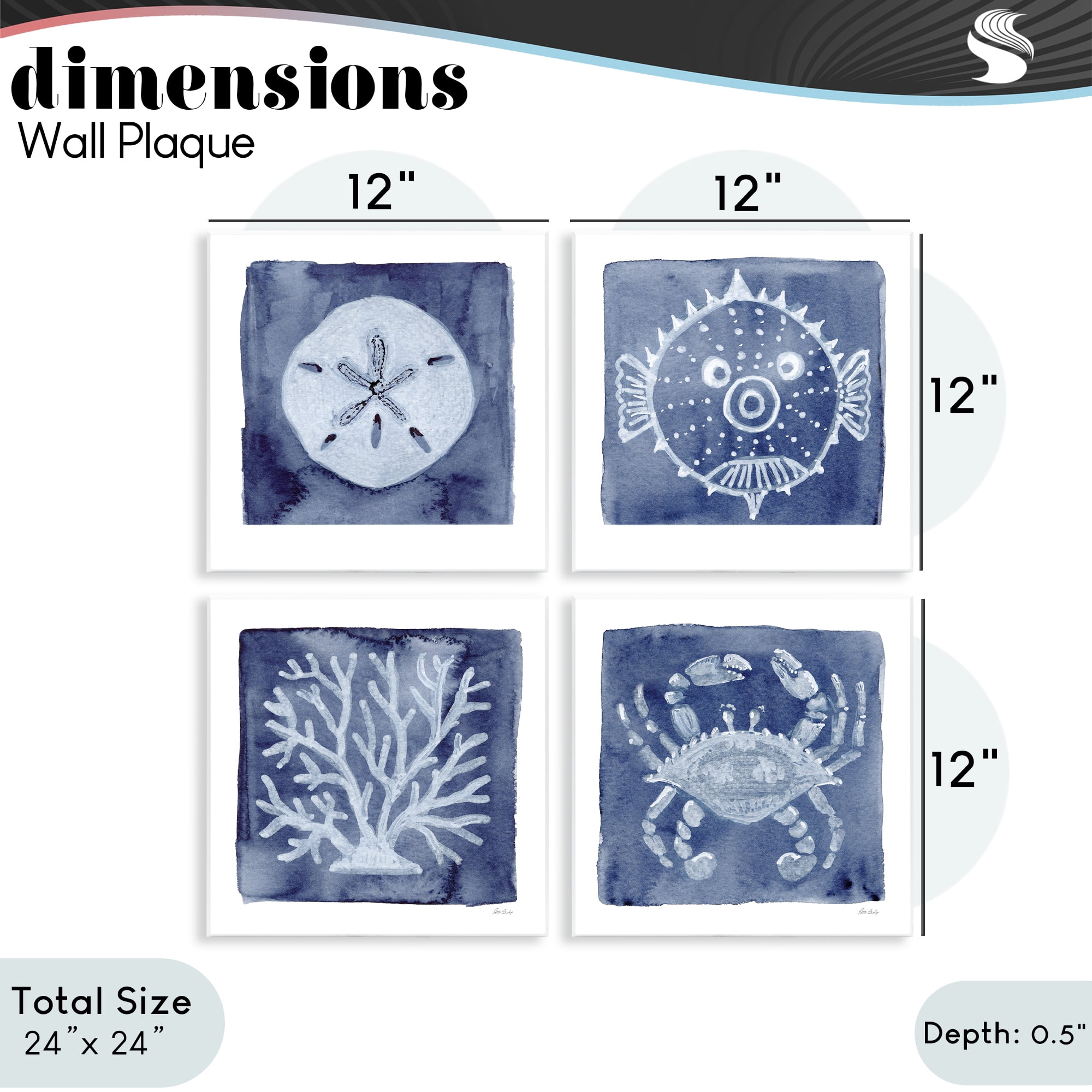 Stupell Industries Aquatic Creatures on Indigo 4 Piece Wall Plaque Art Set, design by Patti Bishop