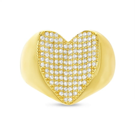 Chain Pave Ring - Cubic Zirconia Pave Concave Heart Ring in Yellow Gold Plated Sterling Silver