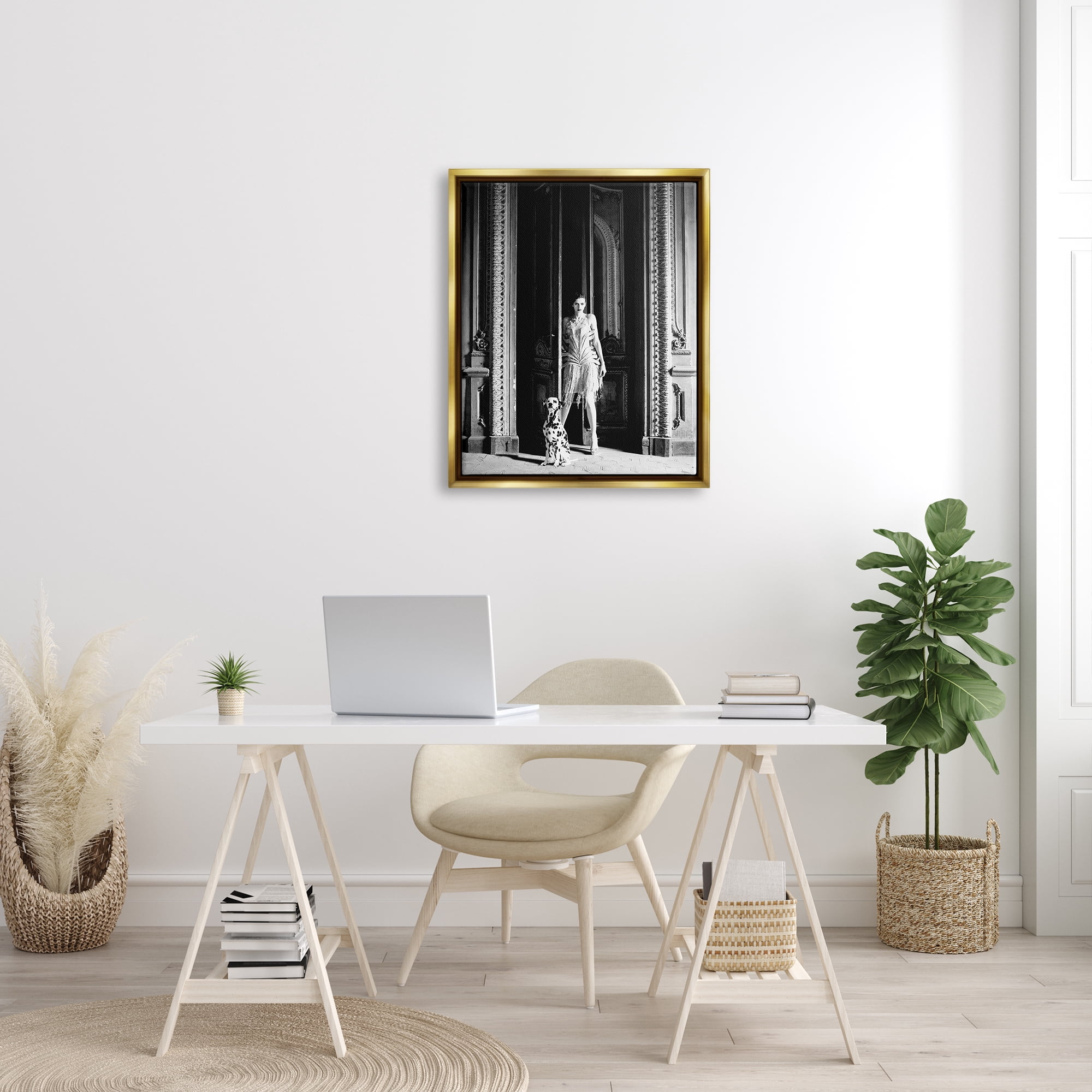 Stupell Industries Upscale Fashion Woman Dalmatian Dog Ornate Building Photograph Metallic Gold Floating Framed Canvas Print Wall Art, Design by Leah Straatsma