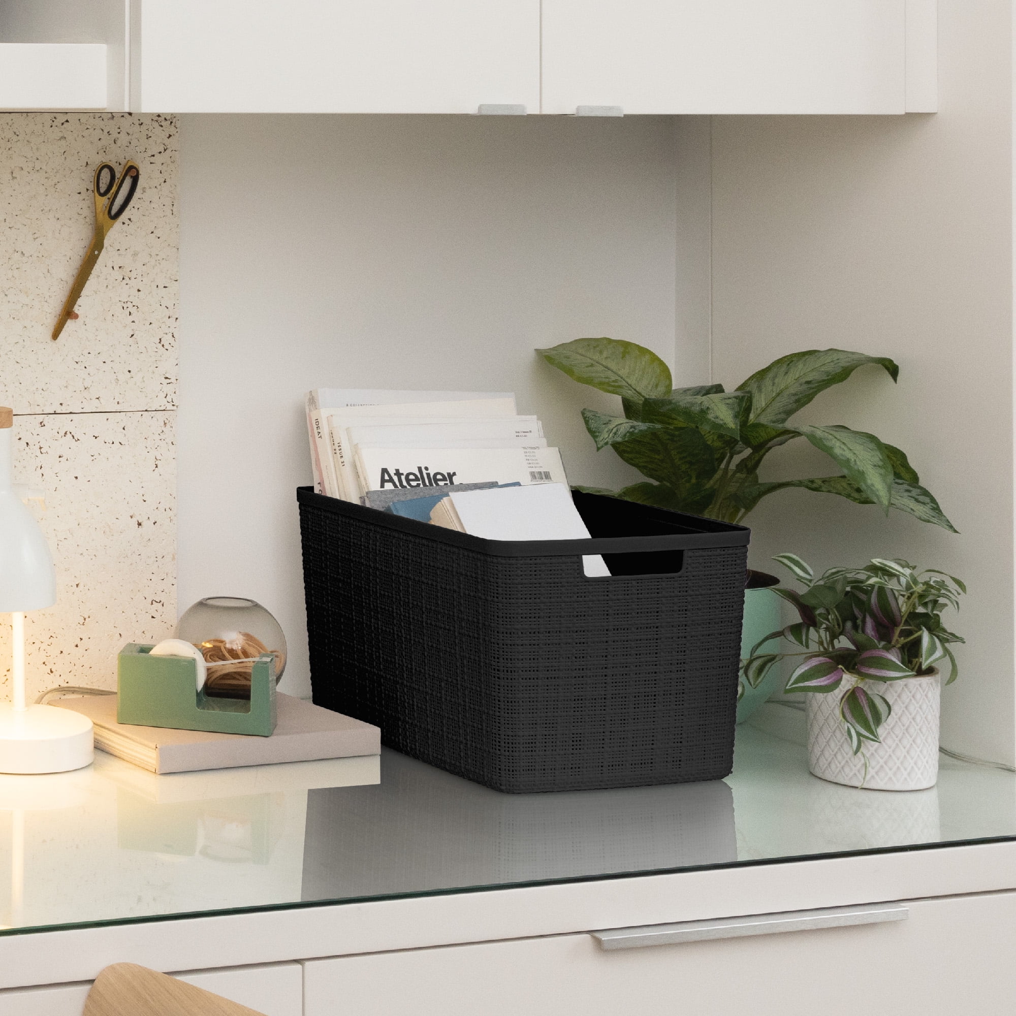 Curver Set of 4 Jute Basket Large Durable Resin Organization and Storage Basket Bin, Black