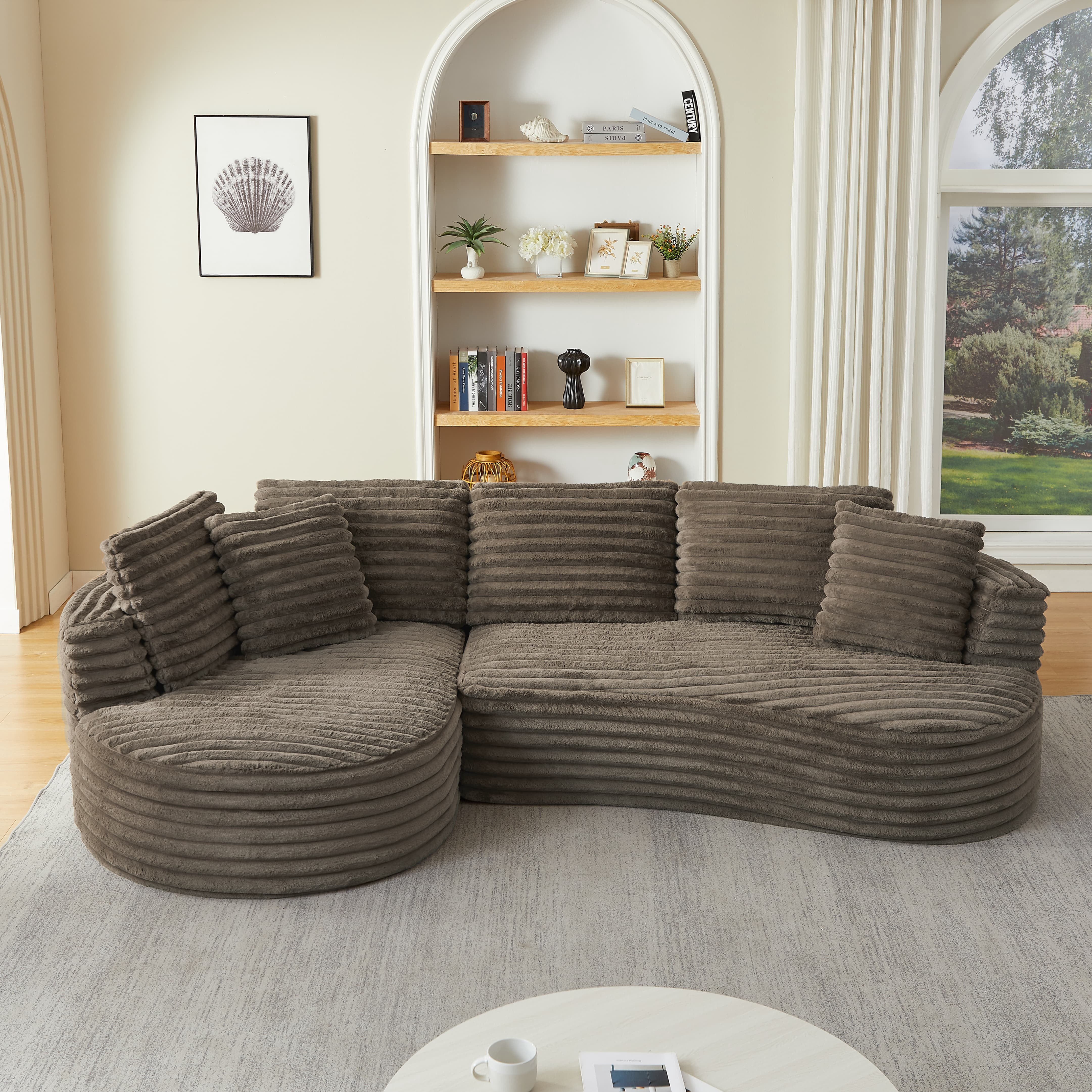 MAYEERTY 120.9" Brown Corduroy Curved L Modular Sectional Sofa, Pocket Spring No Assembly Couch for Living Room Reception