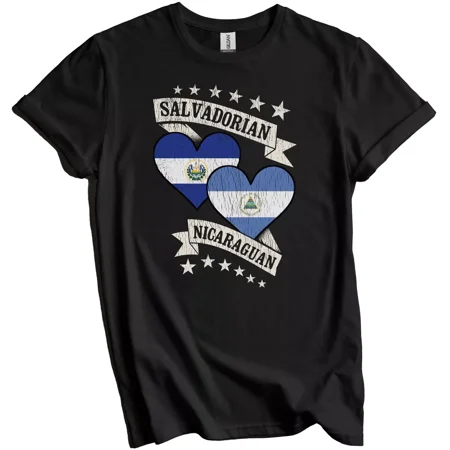 Gildan Salvadorian Nicaraguan Heart Flags El Salvador Nicaragua T-Shirt Gift for Men Women Unisex Tee