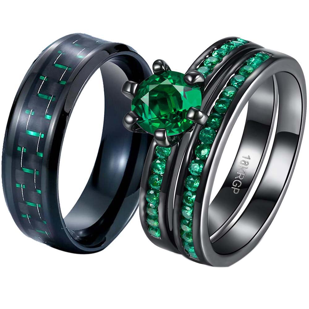 Matching Rings His and Her Rings Couple Rings Green CZ Wedding Ring ...