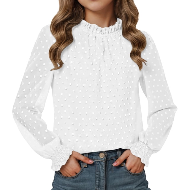 REDARER Blouse à Volants en Maille Floquée pour Filles Manches Longues avec Poignets Élastiques Col Montant Élégant Robe de Soirée, Couleur : Blanc, Taille : 12-13 Ans