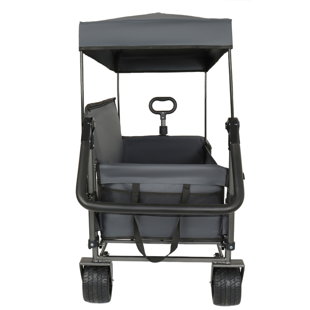 3-in-1 Folding Wagon Cart with Bench Seat,Canopy and Storage, All-Terrain Wagon with Back Pocket,Cup Bags, Adjustable Handle,500lbs Capacity,Heavy Duty Utility Cart for Camping,Beach,Sports,Gray