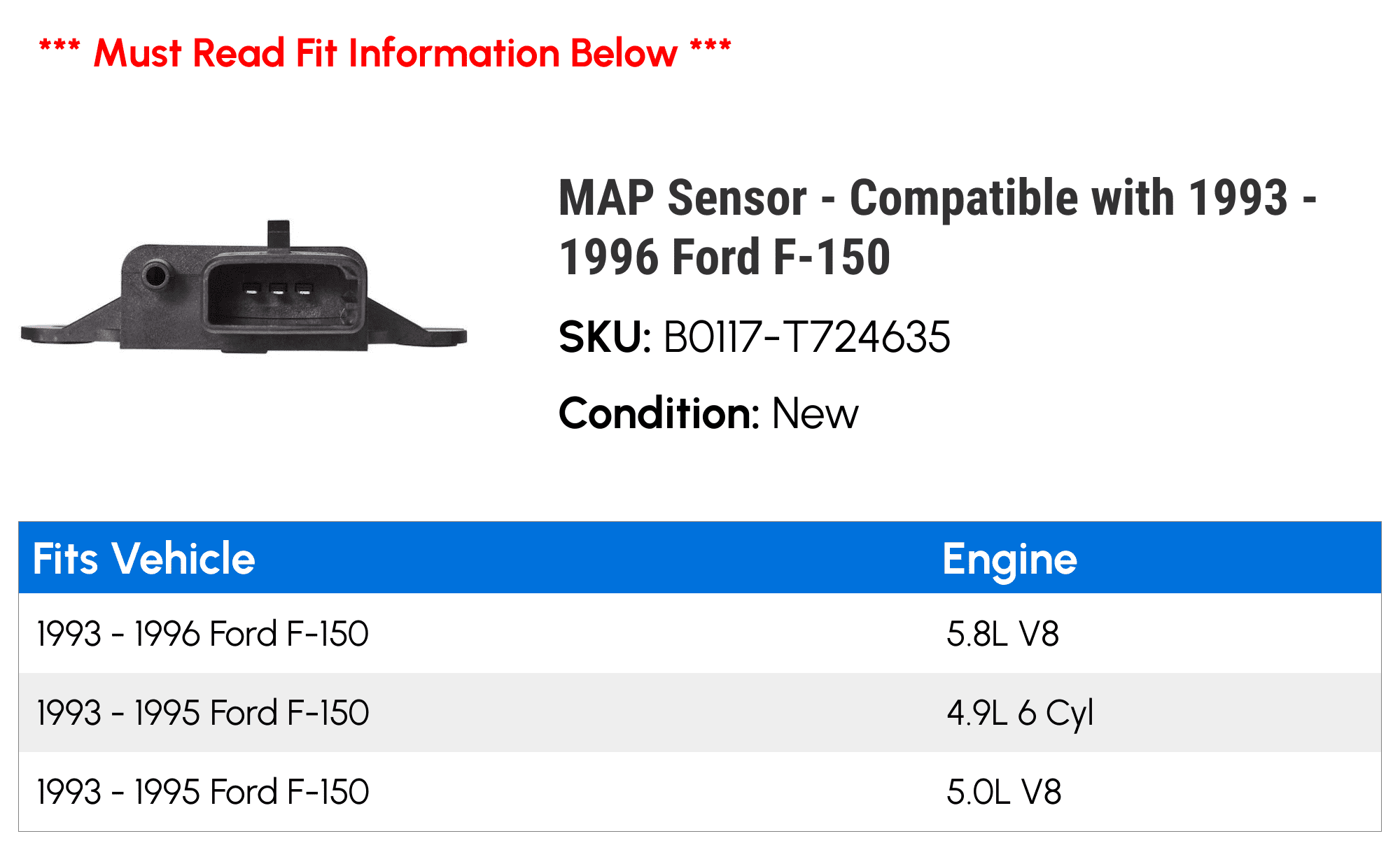 MAP Sensor - Compatible with 1993 - 1996 Ford F-150 1994 1995