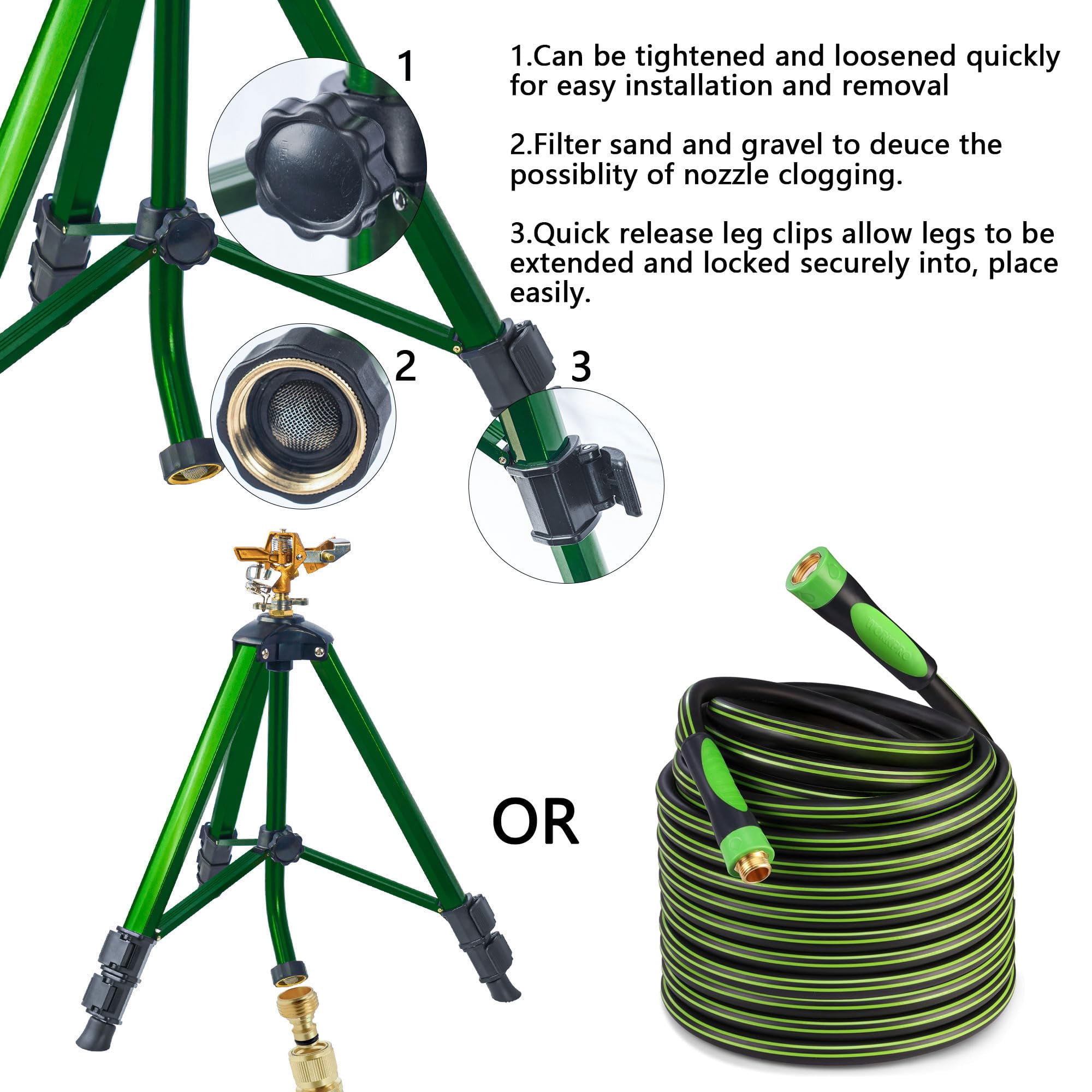 Impact Sprinkler On Tripod Base  Heavy Duty Adjustable Zinc Head For Lawn Yard Garden 360 Degree Large Area Irrigation 3/4" Connector Extension Flip Locks