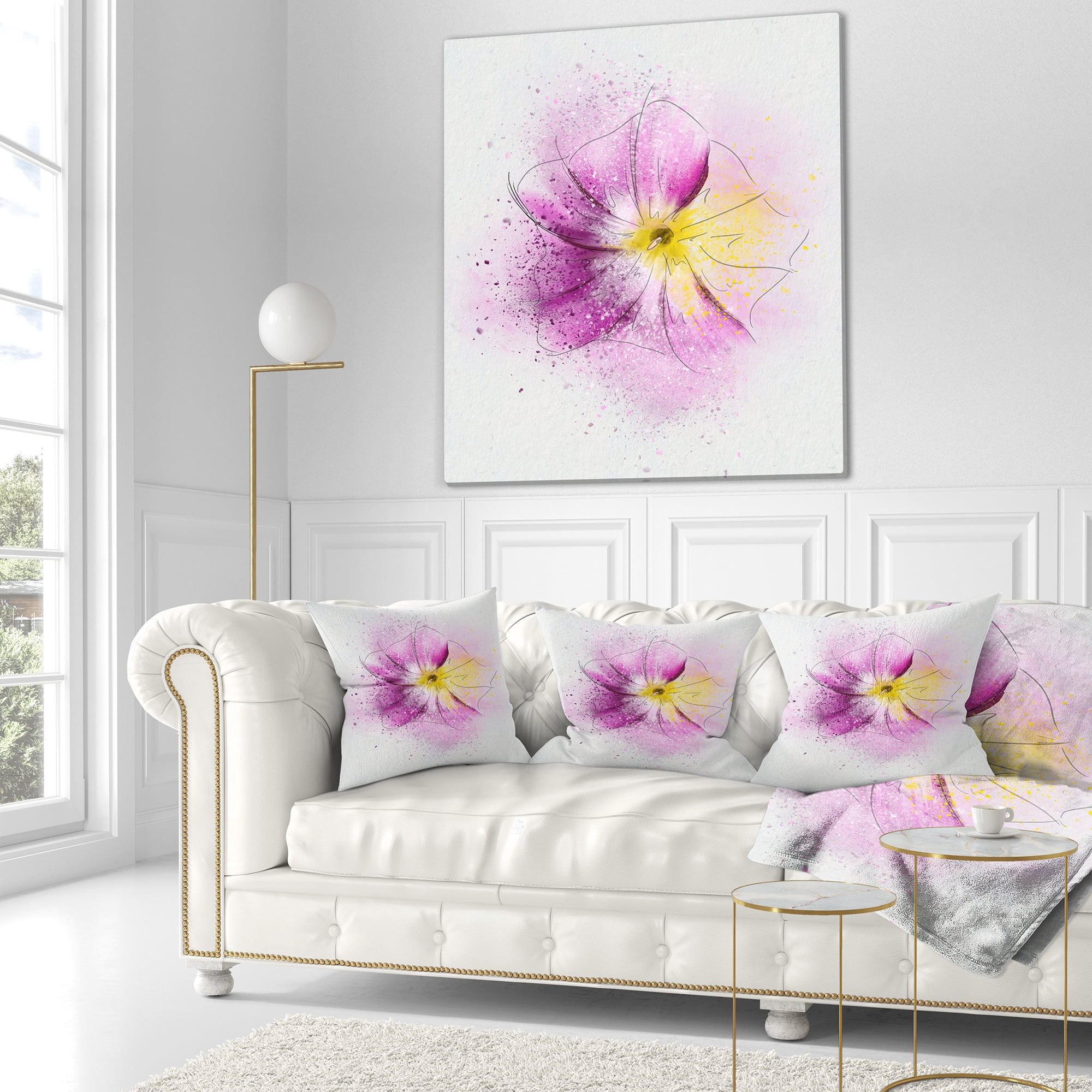 Designart Purple Flower Sketch with Splashes - Floral Throw Pillow - 18x18