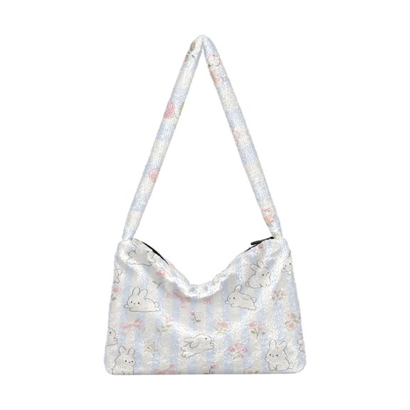 DIXRUYEE Rabbit Flower Pattern Print Plush Shoulder Bag Soft Faux Fluffy Hobo Tote Bag With Zipper Closure Casual Lightweight Crossbody Handbag