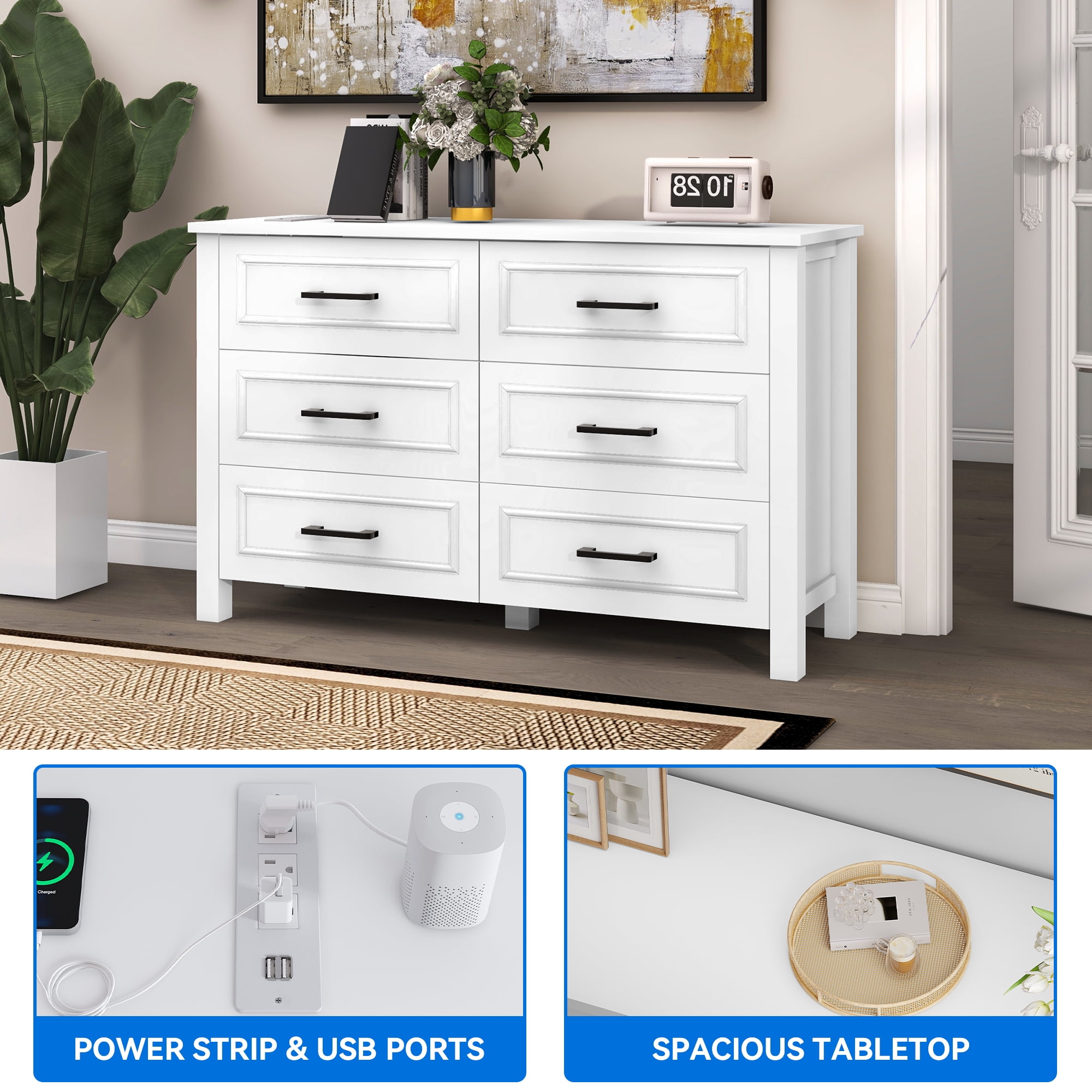 Uforic Dresser TV Stand,6 Drawer Dressers for Wooden Chest Storage Cabinet with Built-in Power Socket